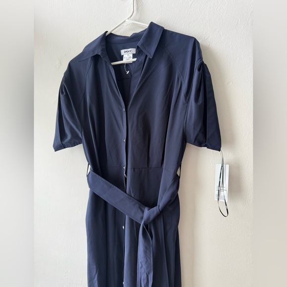 DKNY Women’s Elegant Navy Blue Button Down Midi Dress SZ 8 Belted Short Sleeve - Picture 4 of 9